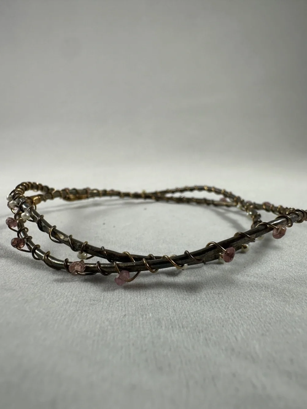 Set of 2 Wire-Wrapped Bangle Bracelets with Pink Tourmaline & Pearl Beads